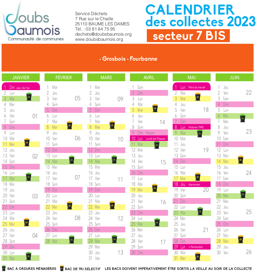 Calendrier collecte ordures ménagères Fourbanne Grosbois 2023